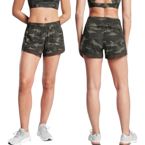 Athleta Printed Mesh Racer Run Shorts 4" Olive Camo XXS - Picture 1 of 9